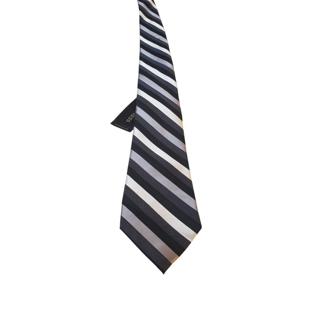 NWT Express Neck Tie Mens Luxury Black Gray Silver Stripes Business Casual Work